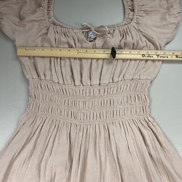 Vtg Poof Dress Womens Large Beige Tan Smocked Gauzy Milkmaid Peasant Babydoll - Picture 7 of 13